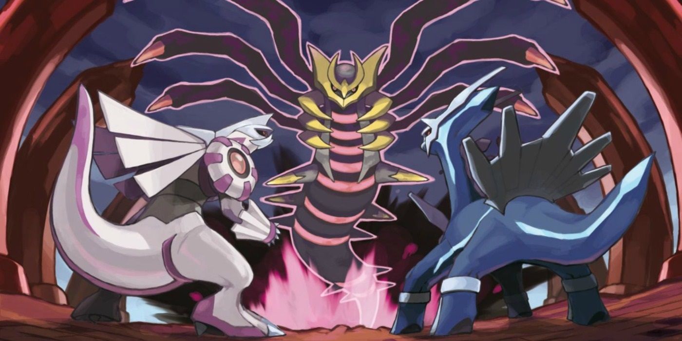 Artwork depicting the Creation Trio of Palkia, Giratina, and Dialga in Pokémon