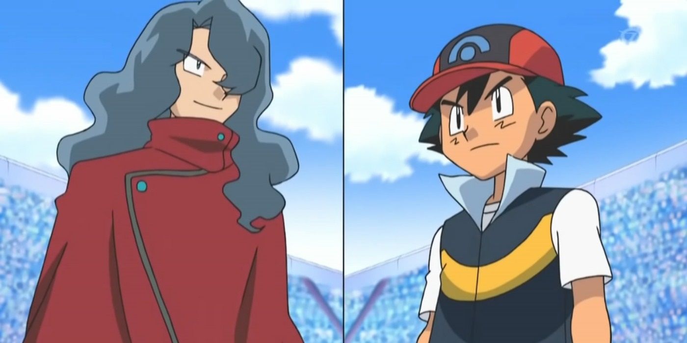 Split image showing Tobias and Ash before their battle at the Lily of the Valley Conference in the Pokémon anime