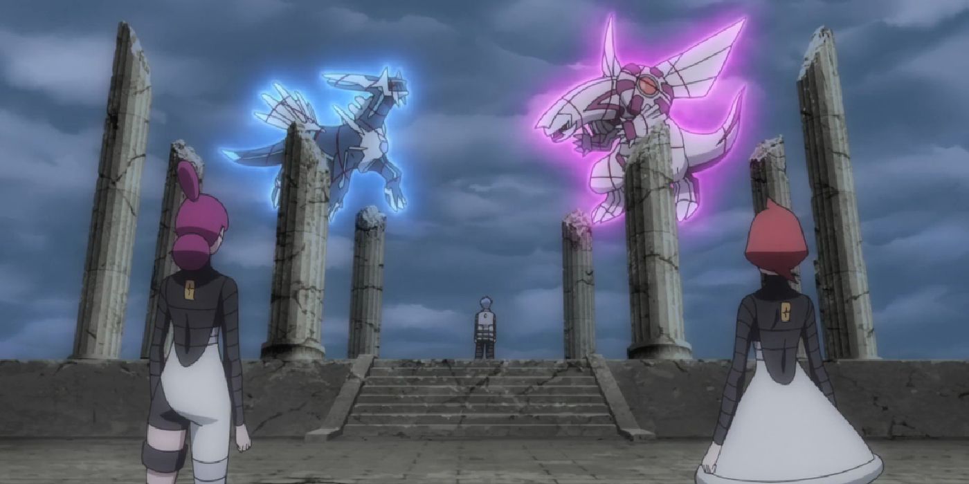 Commanders Mars and Jupiter watching Cyrus summoning Palkia and Dialga in the Pokémon anime