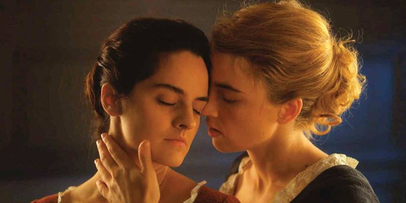 Heloise caresses Mariane in Portrait of a Lady on Fire