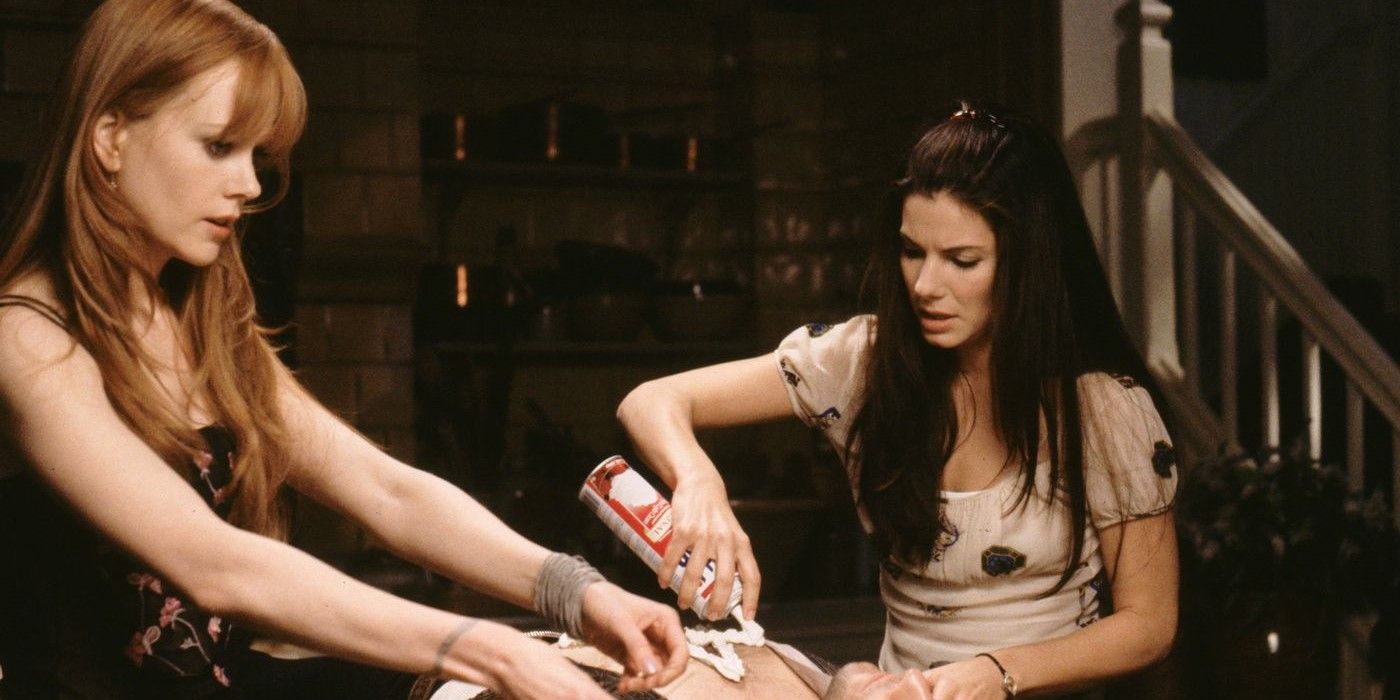 Nicole Kidman and Sandra Bullock with a can of whipped cream in Practical Magic
