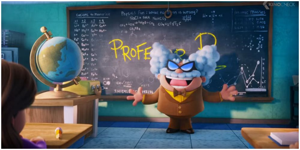 Professor Poopypants teaching in front of a chalkboard, with a globe of the earth in front of him. 