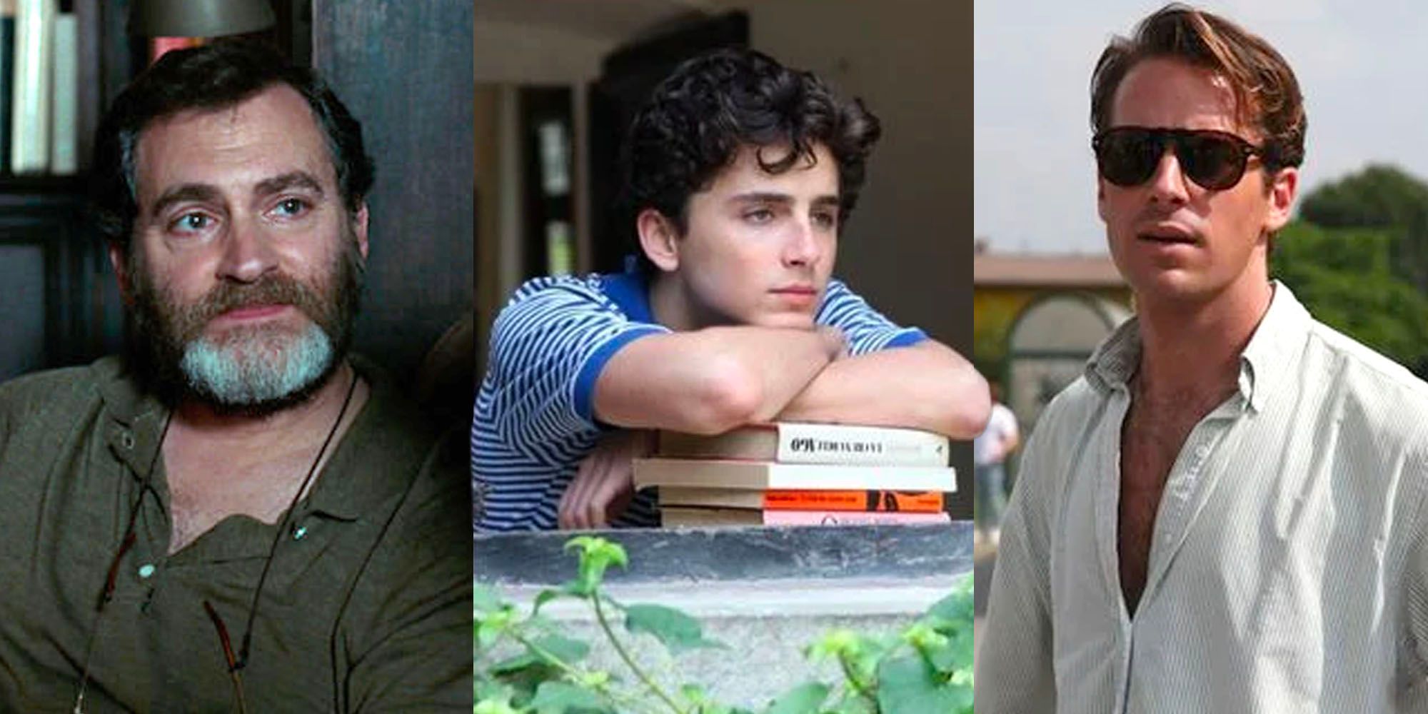 Split image of Michael Stuhlbarg, Timothee Chalamet and Armie Hammer in Call Me By Your Name