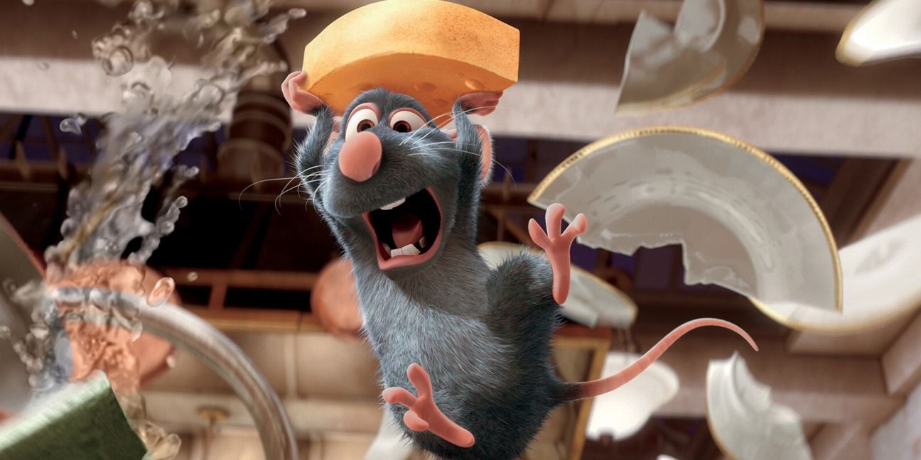Remy the rat jumps with cheese in Ratatouille