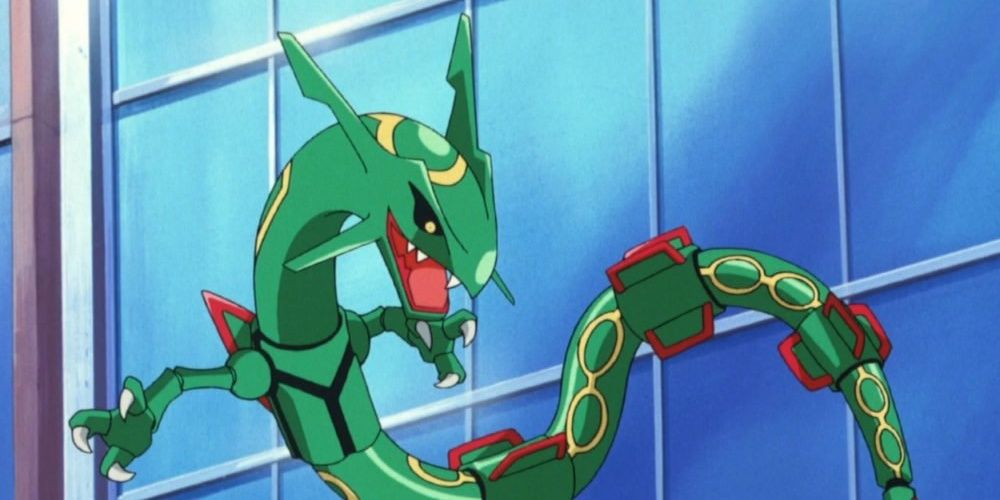 Pokémon Rayquaza flying next to a building