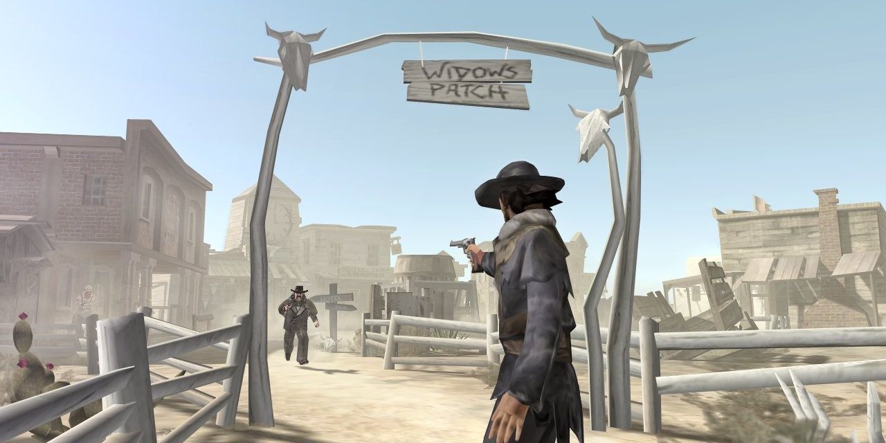 Red Harlow pointing his gun at someone in Red Dead Revolver