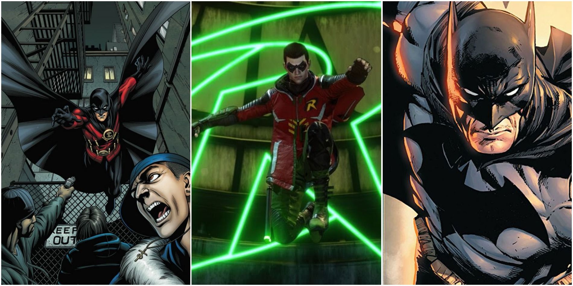 Tim Drake as Red Robin in pre-New 52 comics, Tim Drake as Robin in Gotham Knights and Bruce Wayne's Batman in Rebirth-era comics