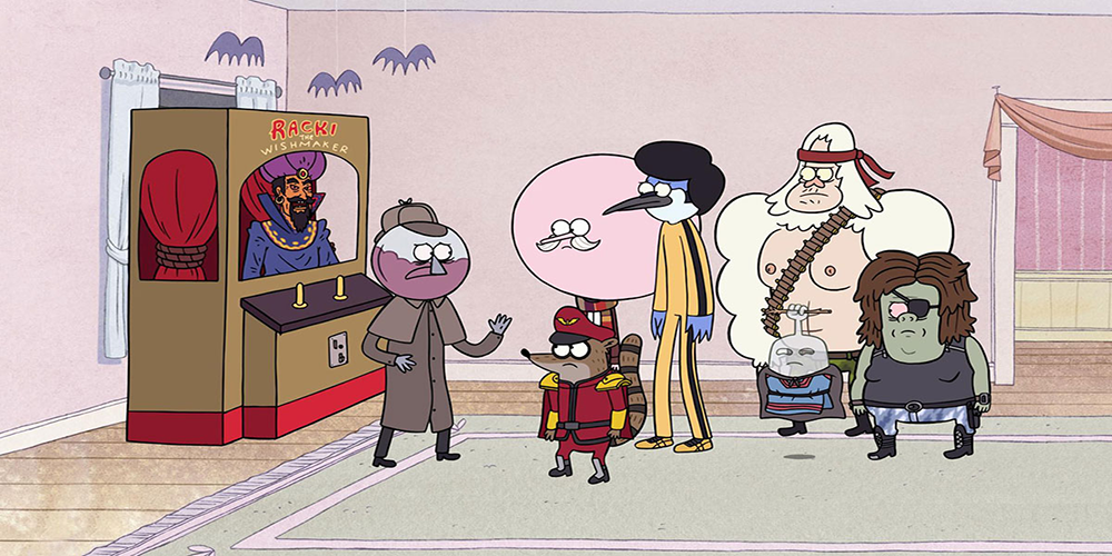 Regular Show characters dressed up in Halloween costumes, standing in front of Racki the Wishmaker machine