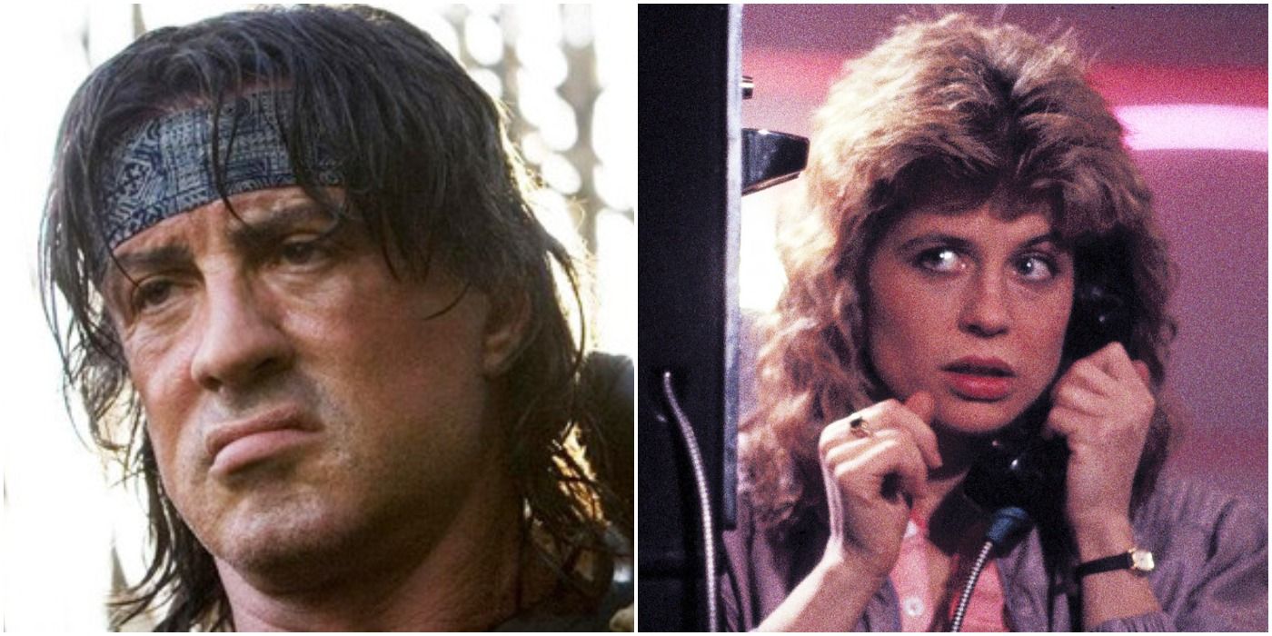 Rambo looking grumpy/Sarah Connor on phone looking scared in Terminator