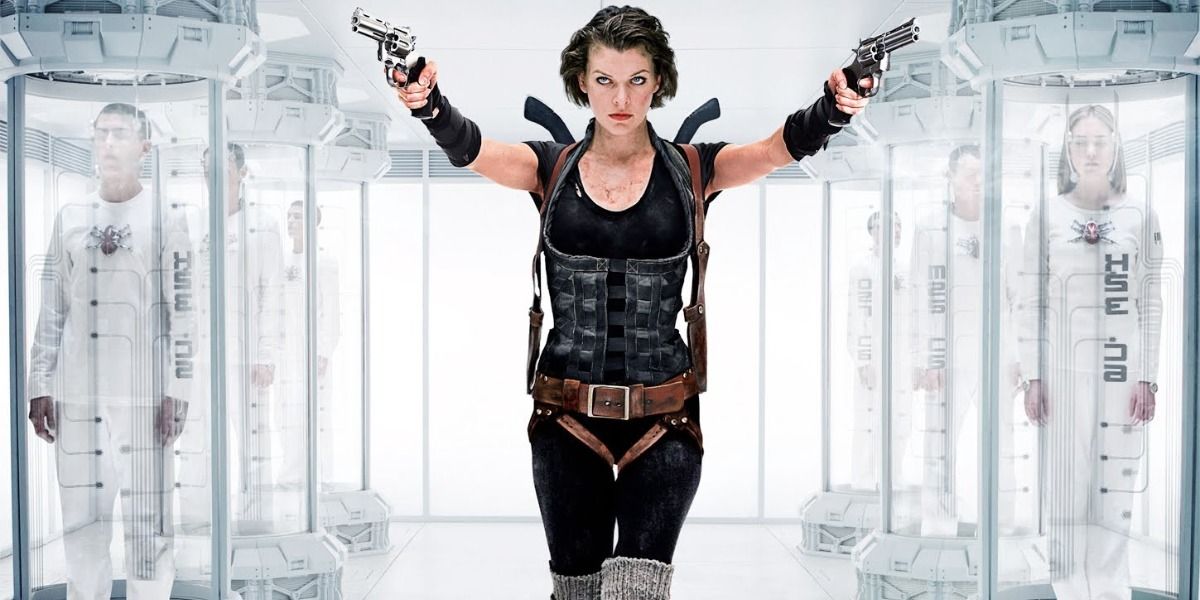 Milla Jovovich as Alice pointing guns in Resident Evil Afterlife