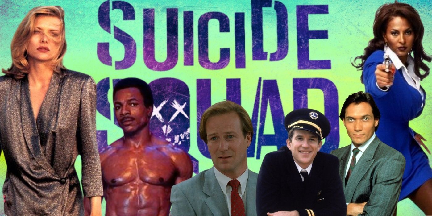 Background of Suicide squad logo, with '80s actors in the foreground
