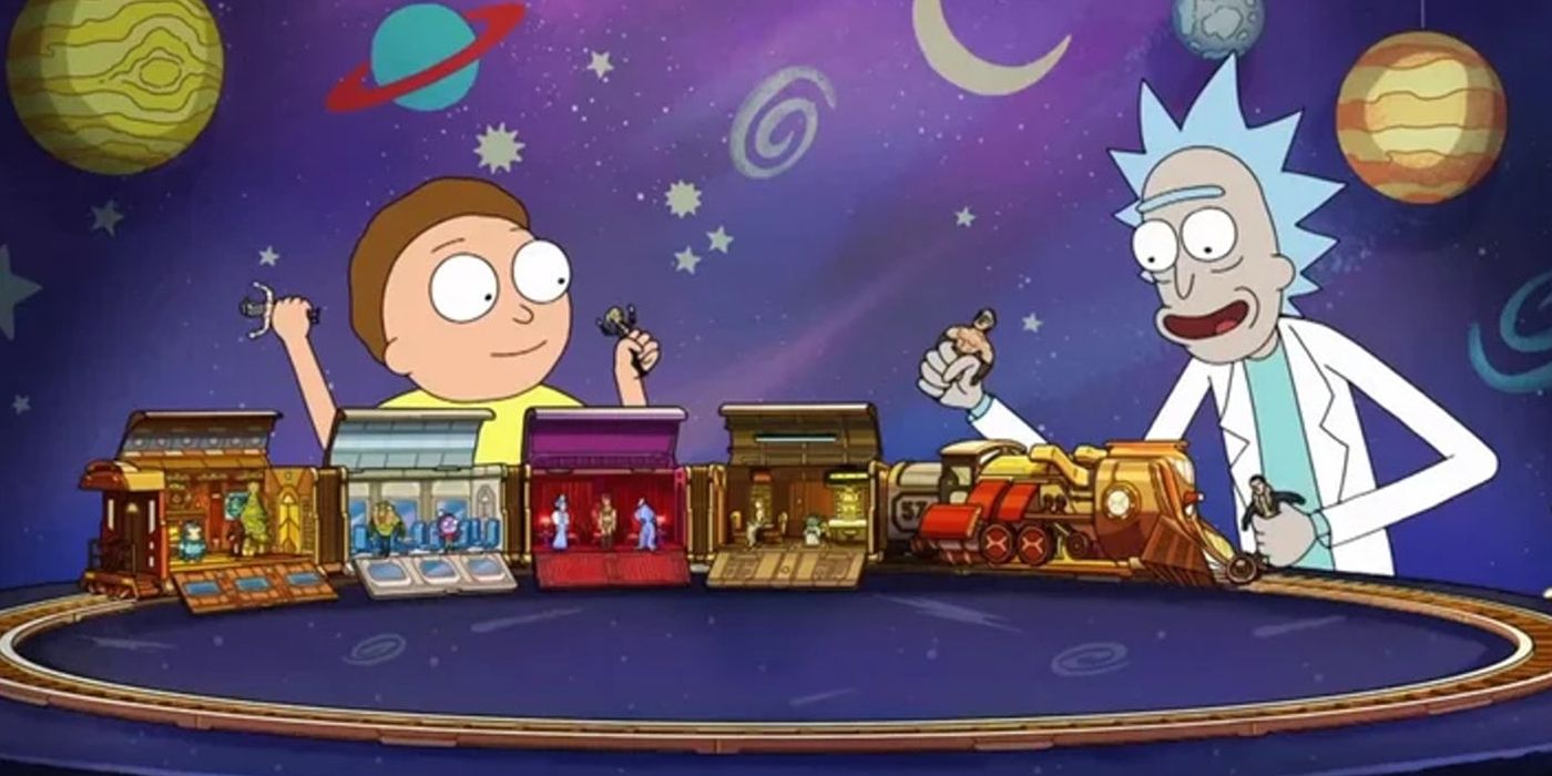 Rick and Morty playing with the story train