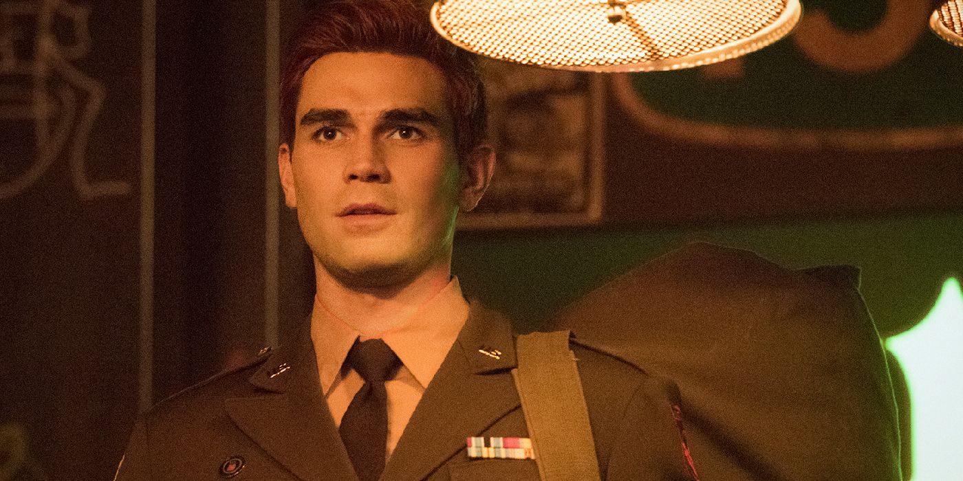 Archie in army uniform, returning to Riverdale after the time jump