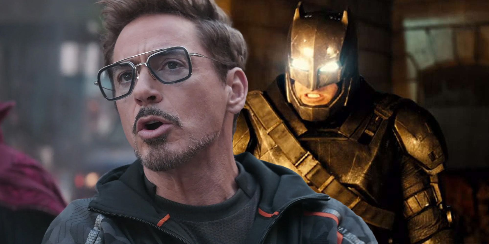 An image of Robert Downey Jr. wearing sunglasses and Batman looking angry