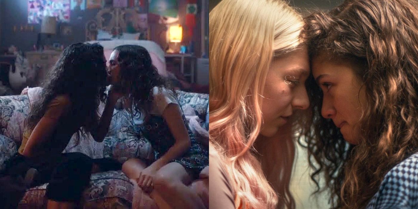 A split image showing Rue and Lexi kissing, and Jules and Rue touching foreheads in Euphoria.