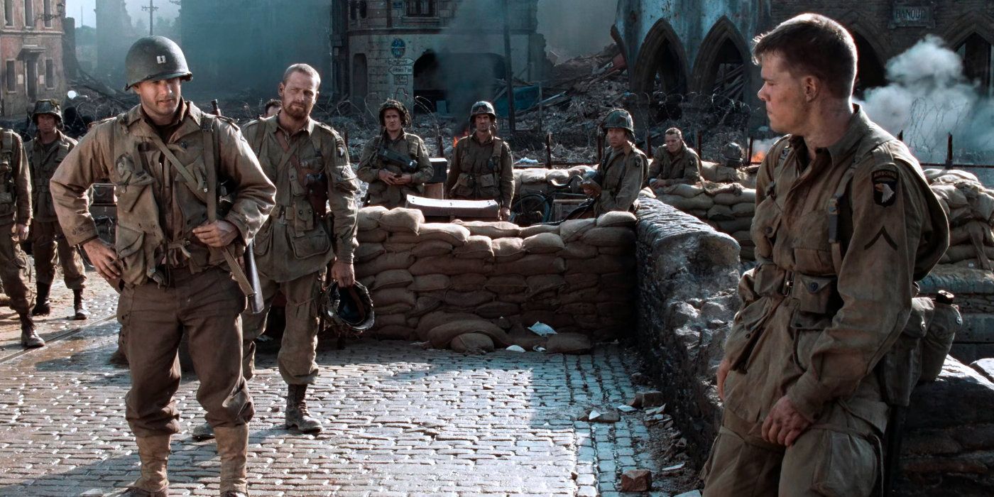 Private Ryan (Matt Damon) tells Captain Miller (Tom Hanks) he's staying in Saving Private Ryan