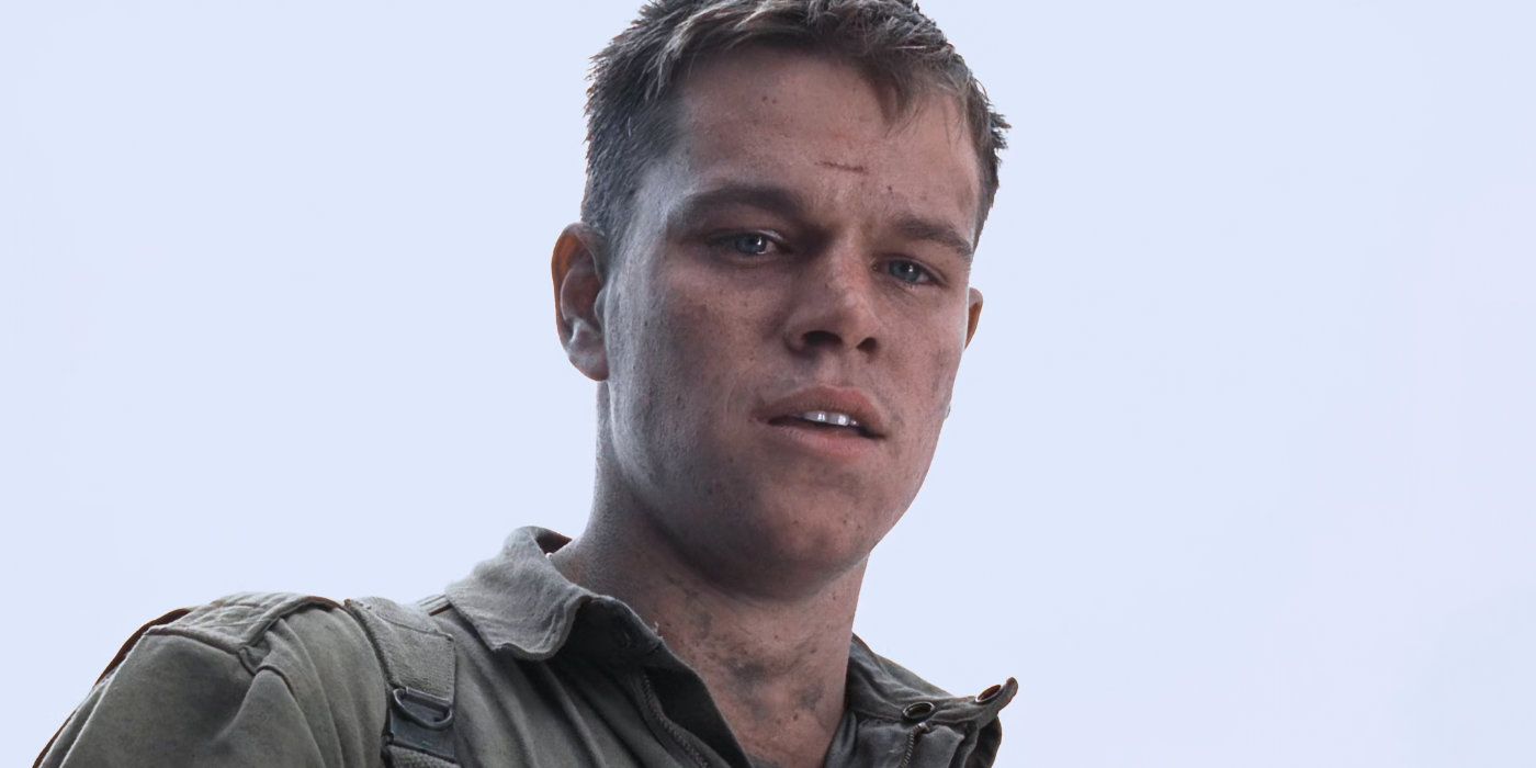Private Ryan (Matt Damon) watches Captain Miller (Tom Hanks) die in Saving Private Ryan