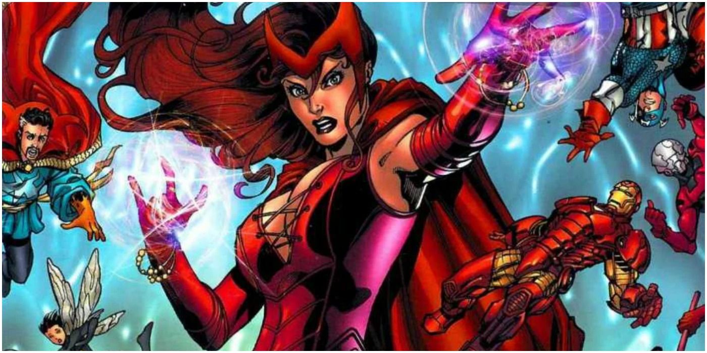 Scarlet Witch raises her arm with the Avengers floating in Avengers Disassembled comic.