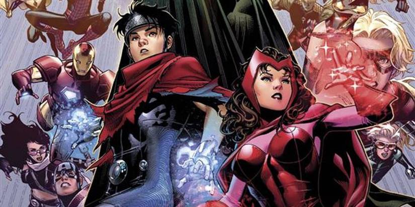 Scarlet Witch fighting by her son Wiccan in Marvel Comics.