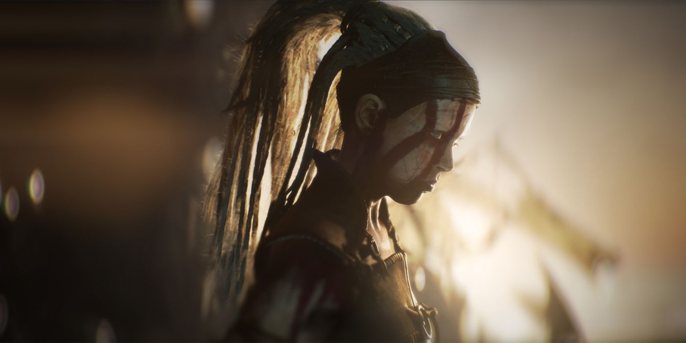 The player-character, Senua, in the game Hellblade (screenshot).