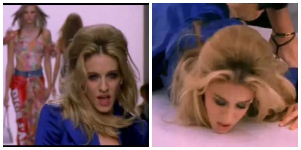 sex and the city carrie falling on the runway in the real me episode