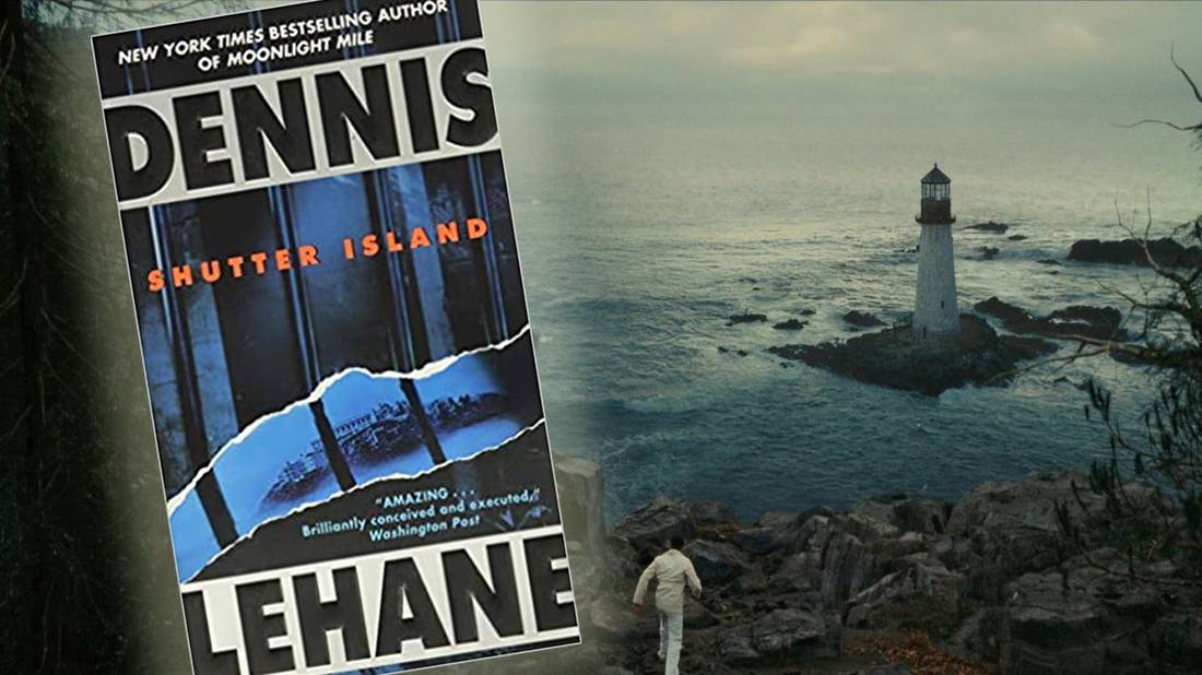 Collage of the Shutter Island book cover and a lighthouse