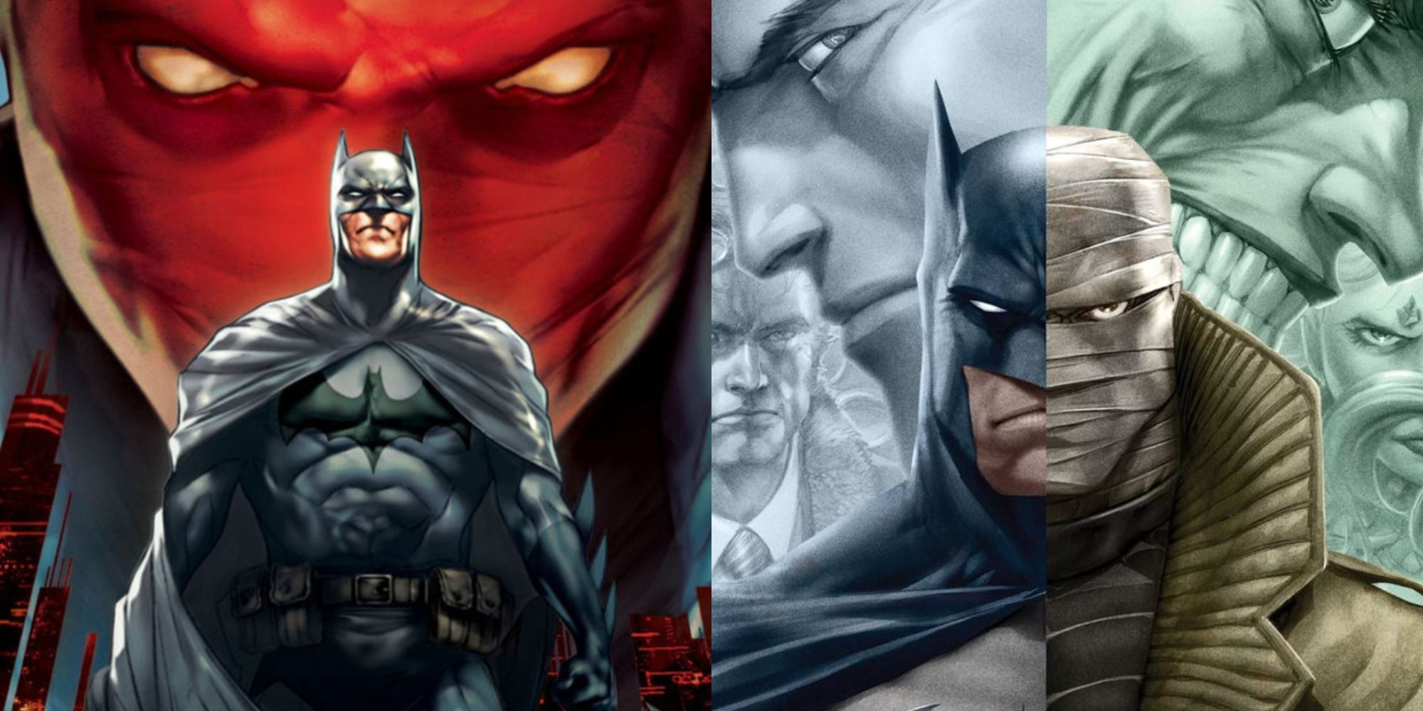 Side by side images of Batman on the covers for Under the Red Hood and Hush
