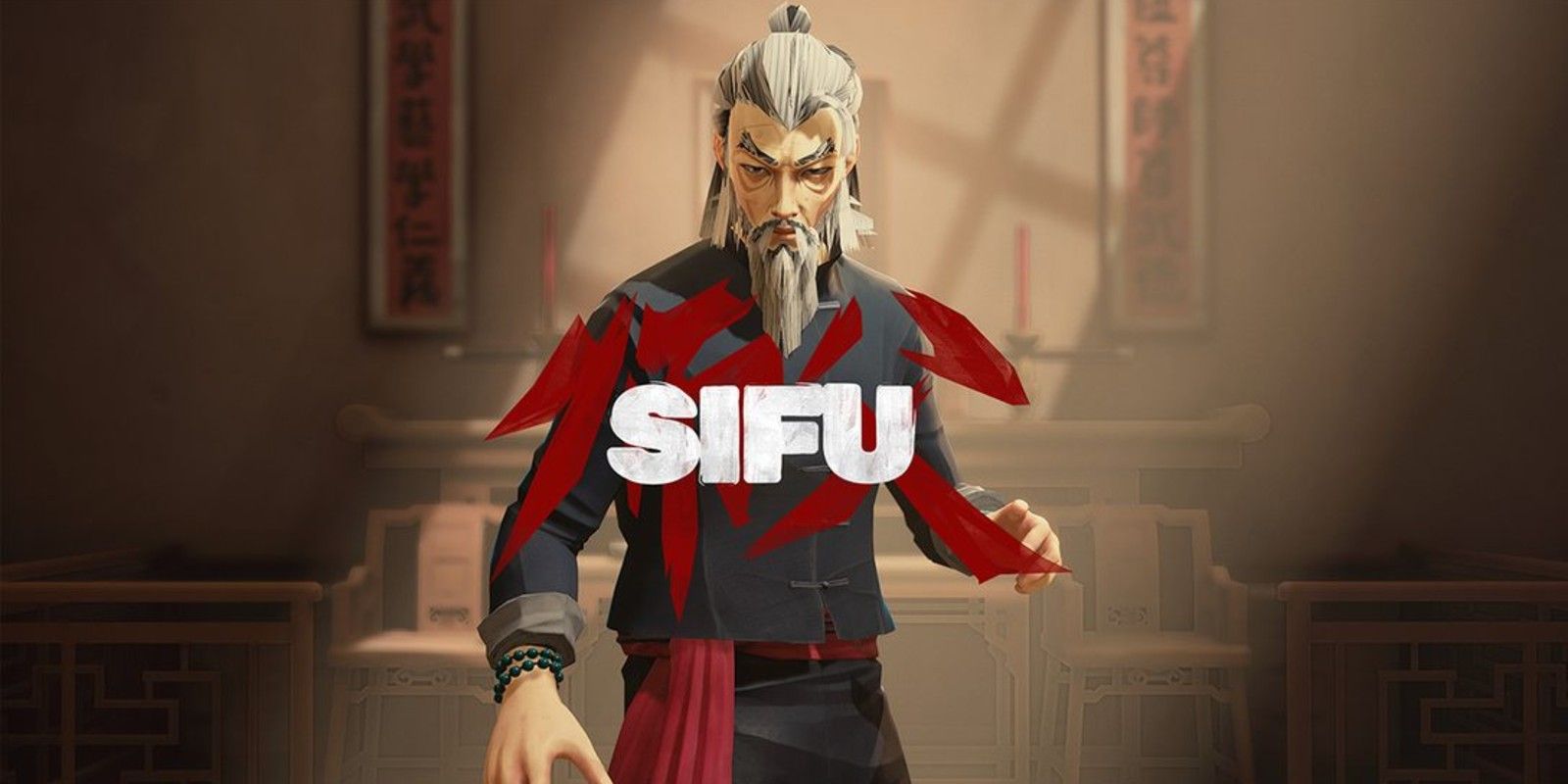 Sifu's main character behind the game's logo, standing in a dojo in a martial arts stance.