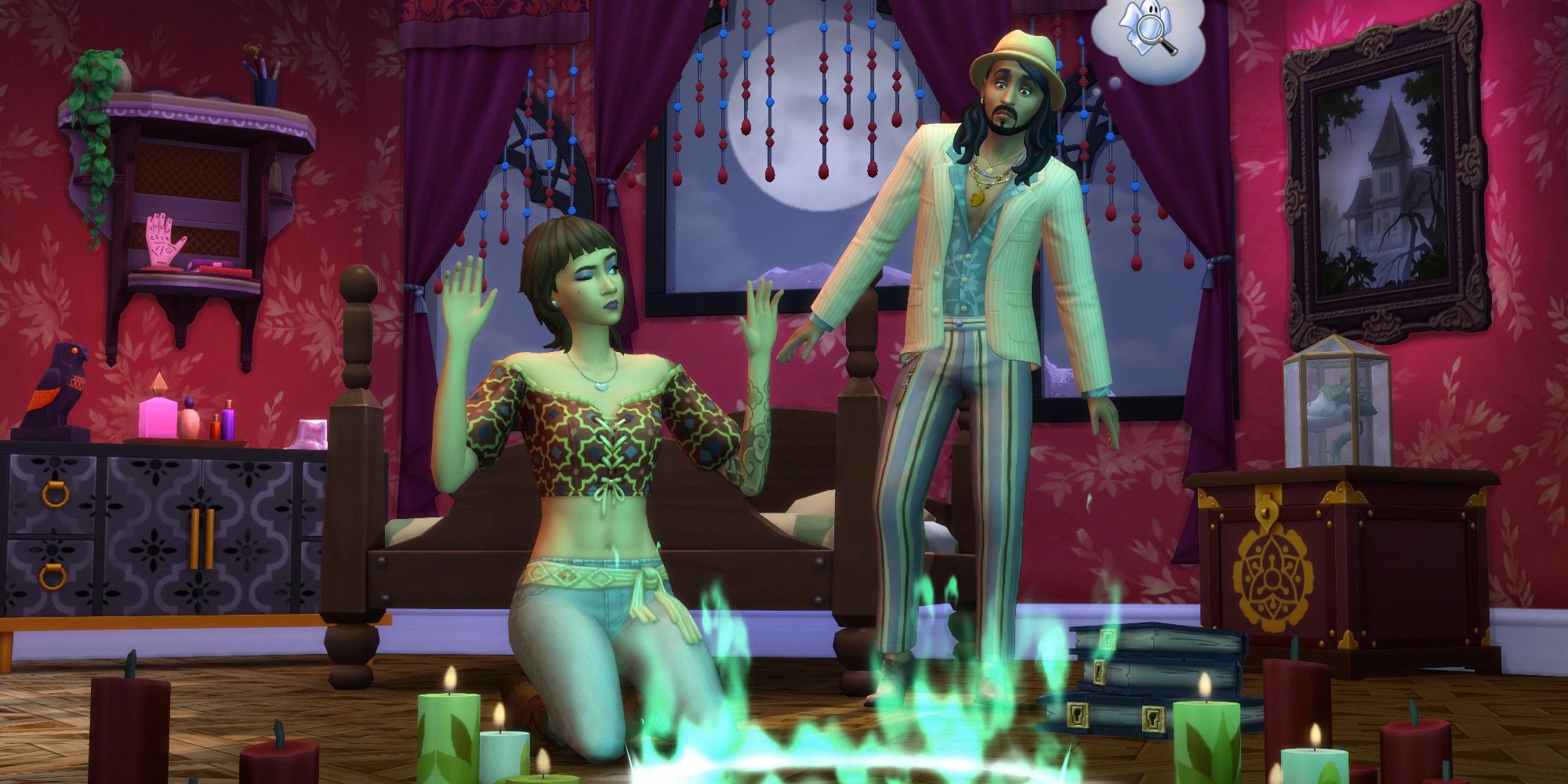 A Sim performs a seance in a summoning circle on the ground of a home while another Sim watches in The Sims 4: Paranormal Stuff