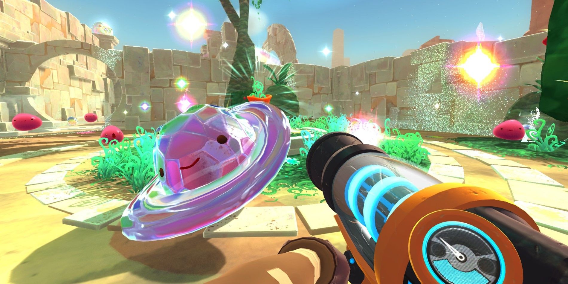 First person view of a character shooting at a glass desert in Slime Rancher