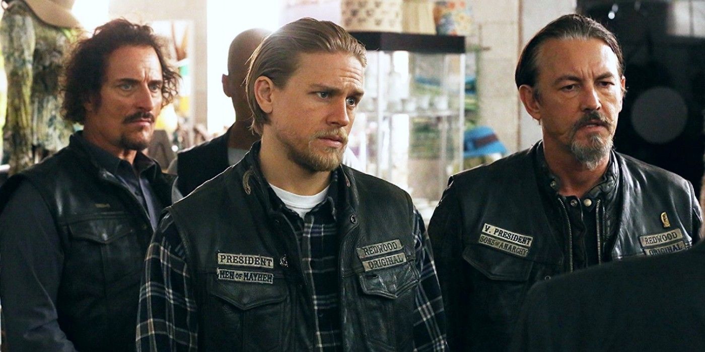 Sons of Anarchy Tig, Jax, and Chibs looking wary