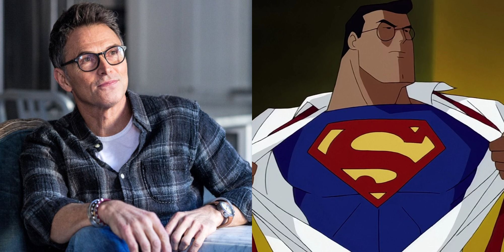 Imagem dividida de Tim Daly e Superman em Superman The Animated Series