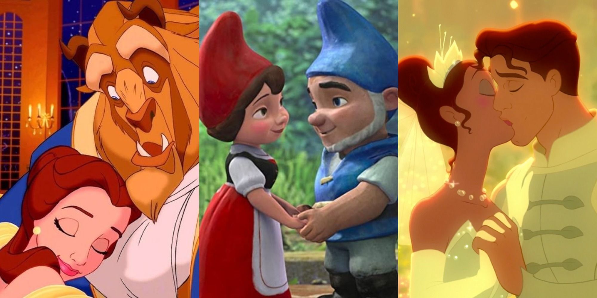 Split image of characters from Beauty and the Beast, Gnomeo and Juliet and The princess and the Frog embracing