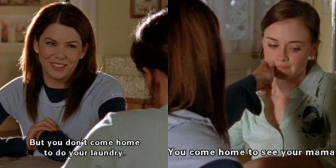Split images of Lorelai talking to Rory about laundry on Gilmore Girls