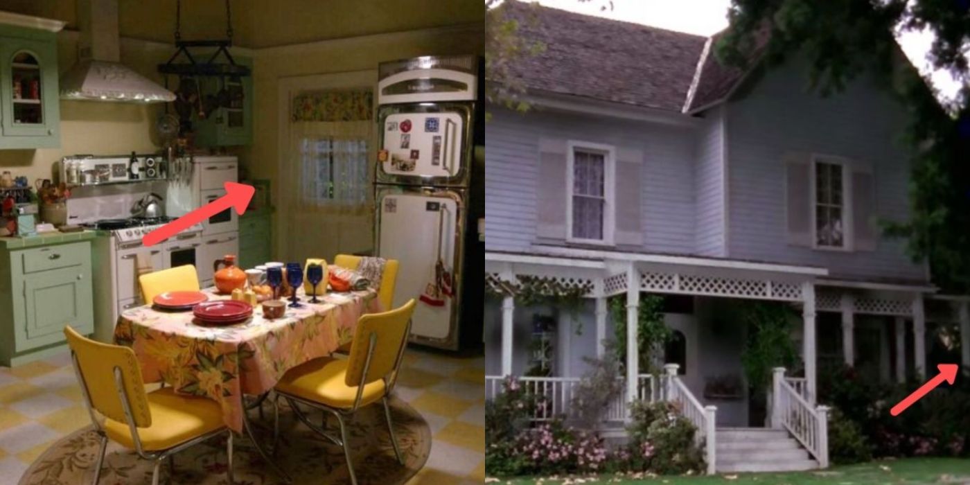 Split images of Lorelais kitchen and porch on Gilmore Girls