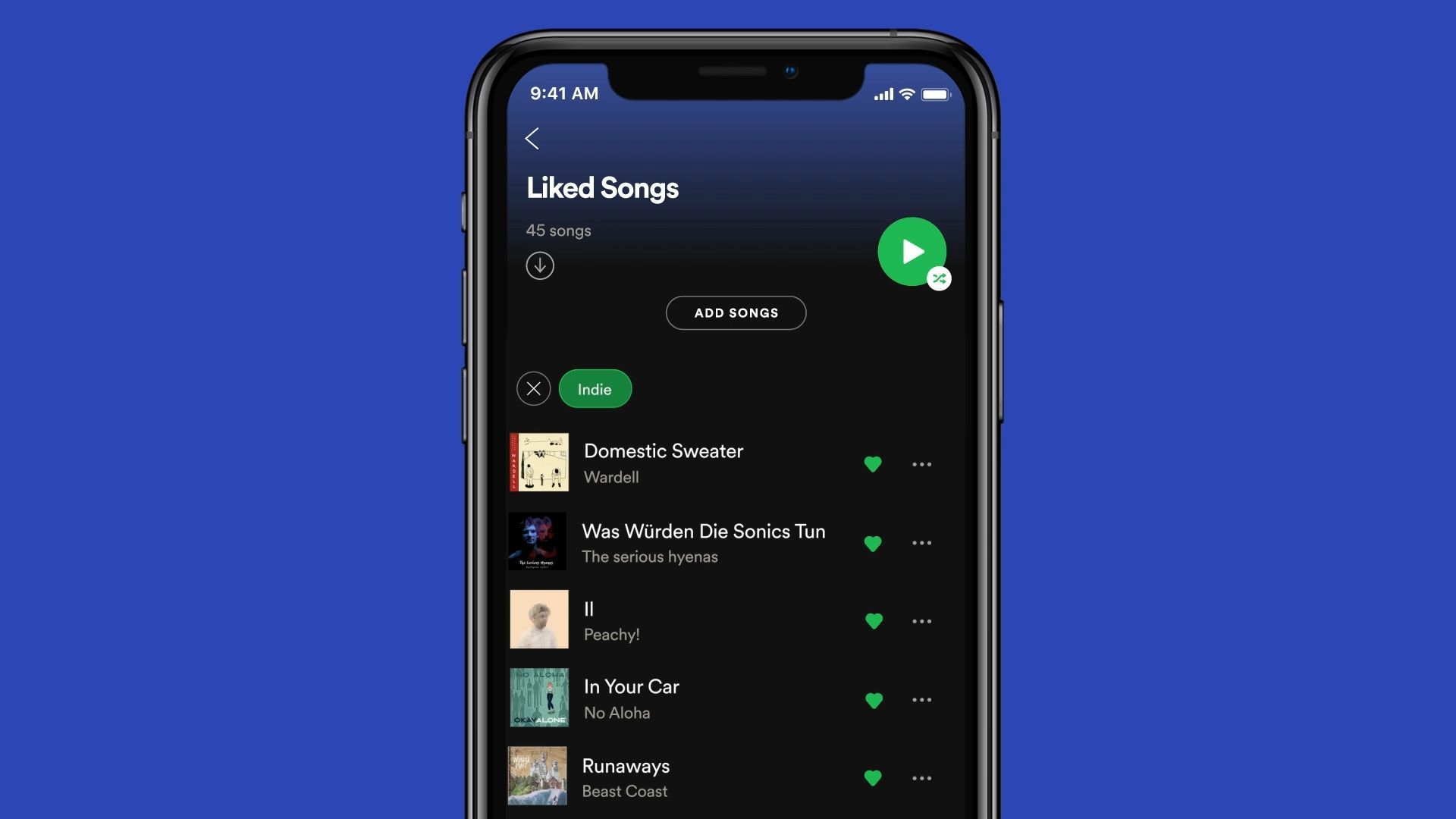 Spotify liked songs filtered by indie