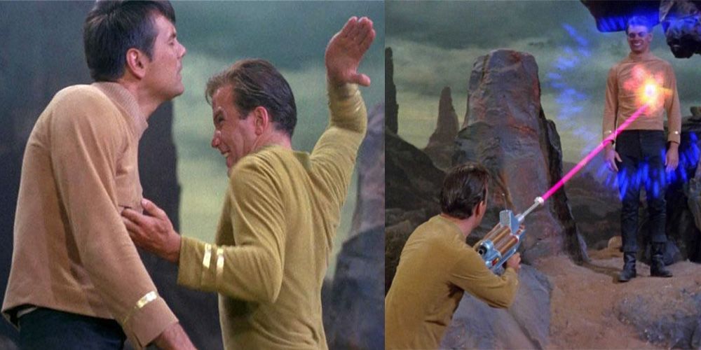 Kirk Judo chops Mitchell then shoots him with a phaser rifle