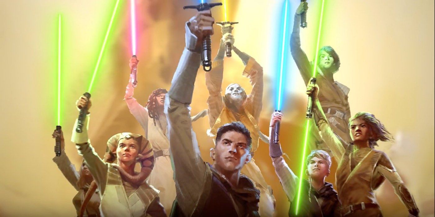 Jedi hold their lightsabers high in Star Wars The High Republic cover art.