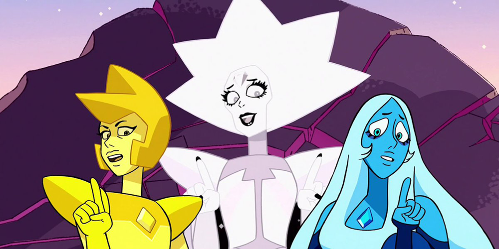 White Diamond character and minions looking at camera