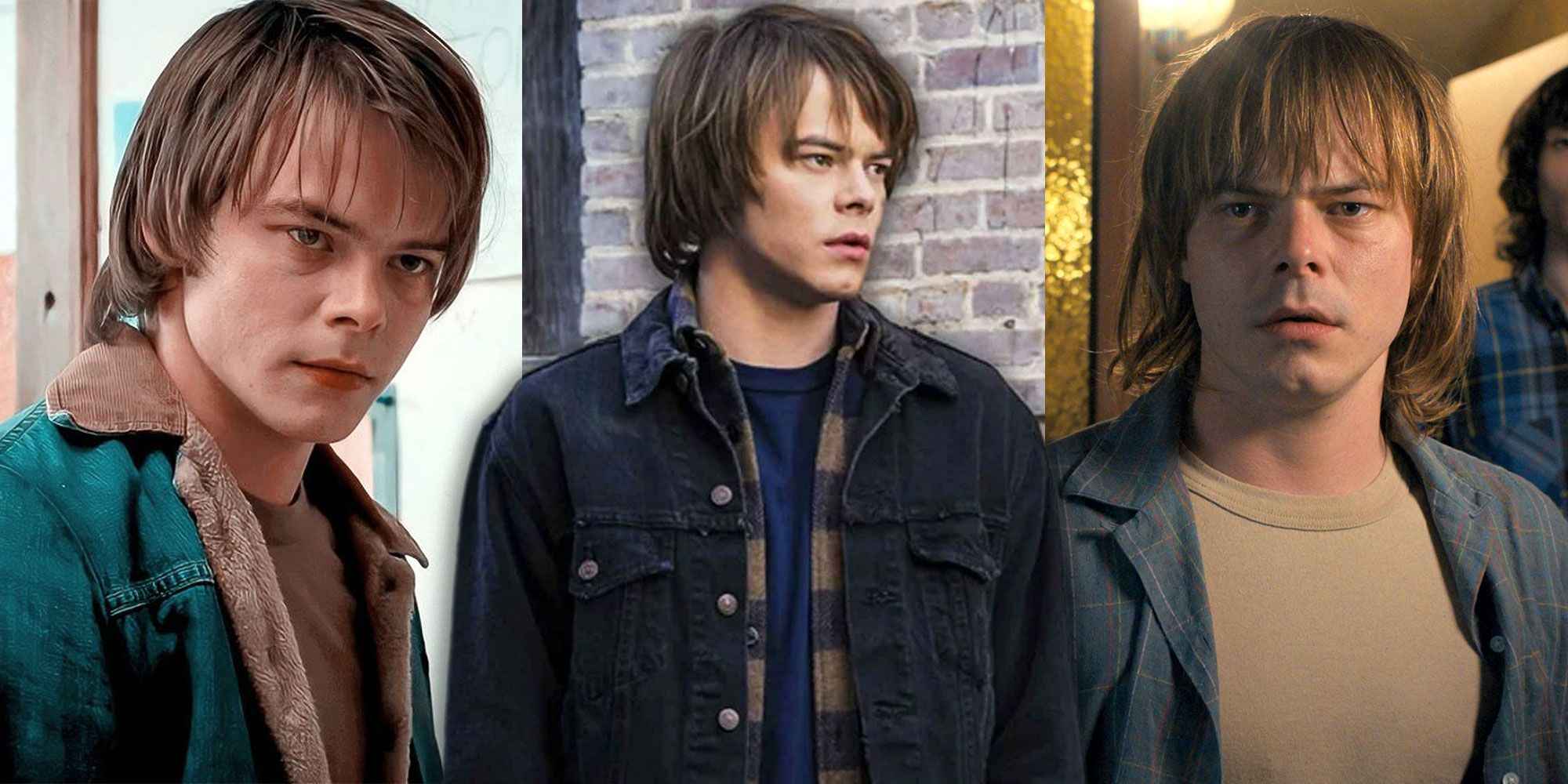 A blended image features Jonathan Byers in the first three seasons of Stranger Things
