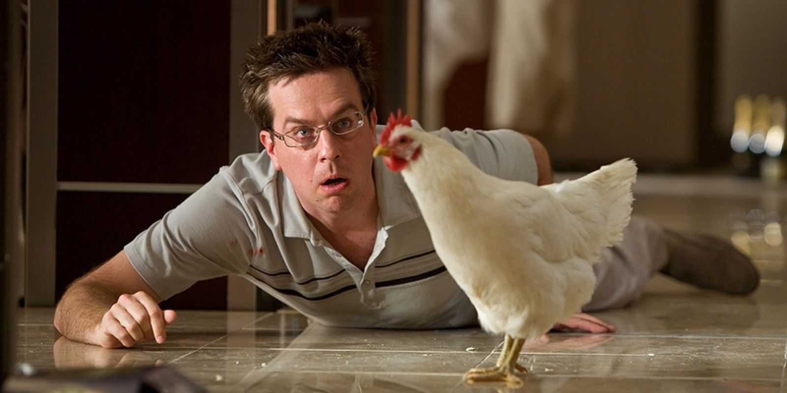 Stu scared of a chicken in The Hangover