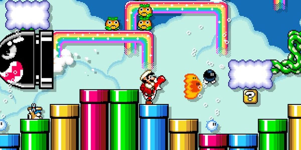 Super Mario Maker 2 - Mario On Yoshi In Chaotic Level In The Clouds