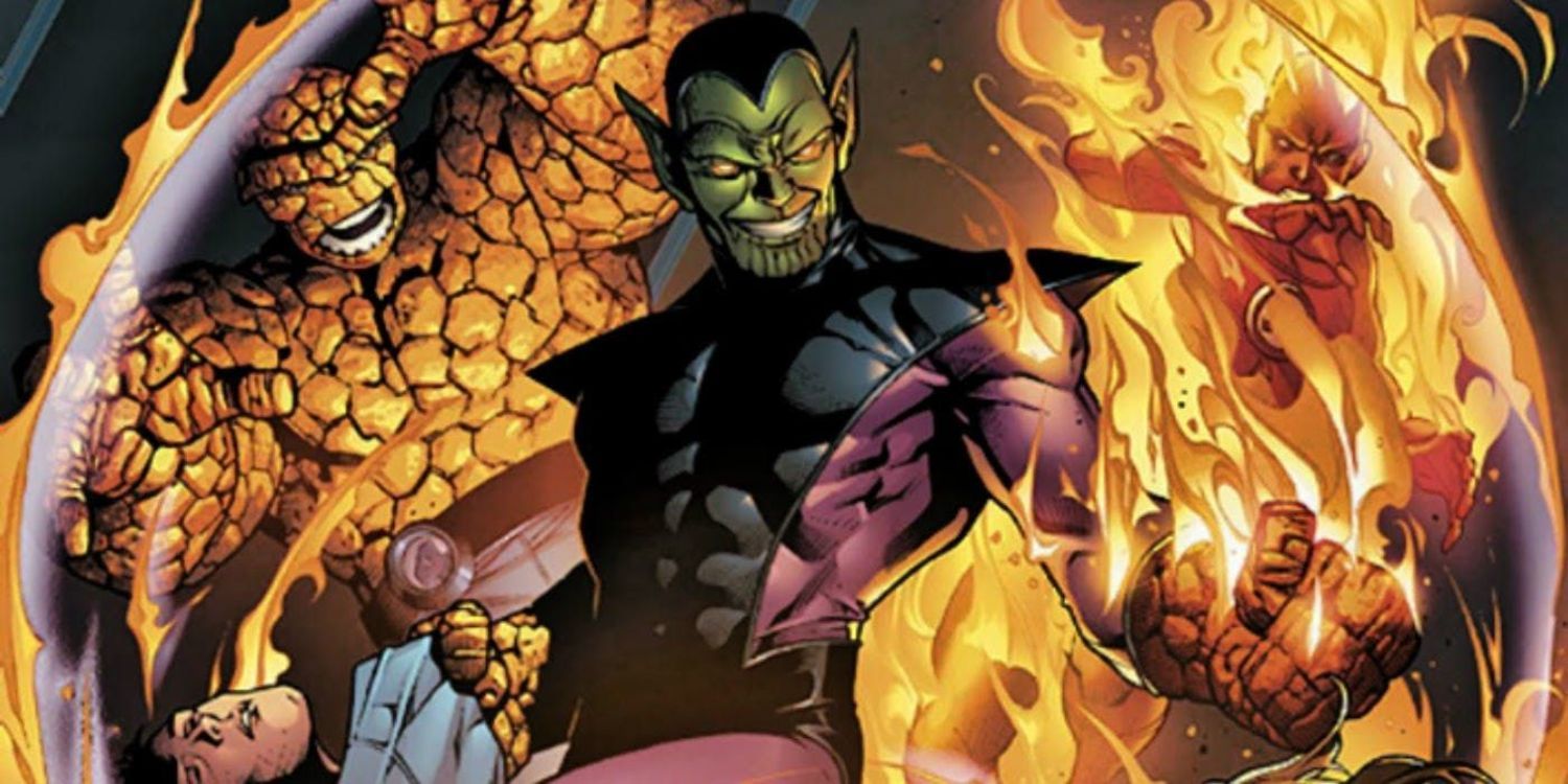 Super Skrull fights the Fantastic Four in Marvel Comics.