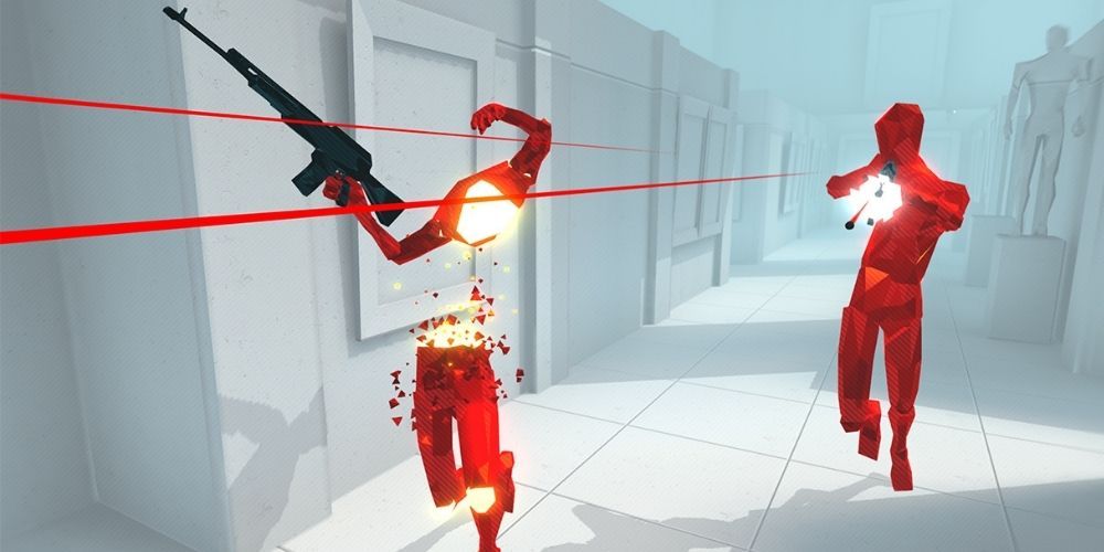 Shooting at two enemies in Superhot for Nintendo Switch