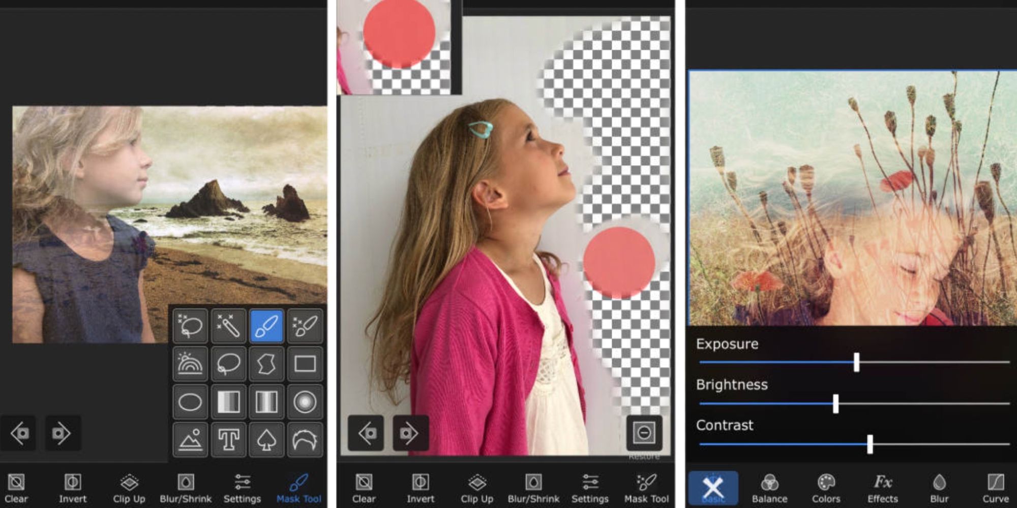 Screenshots of the mobile photo editing app Superimpose.