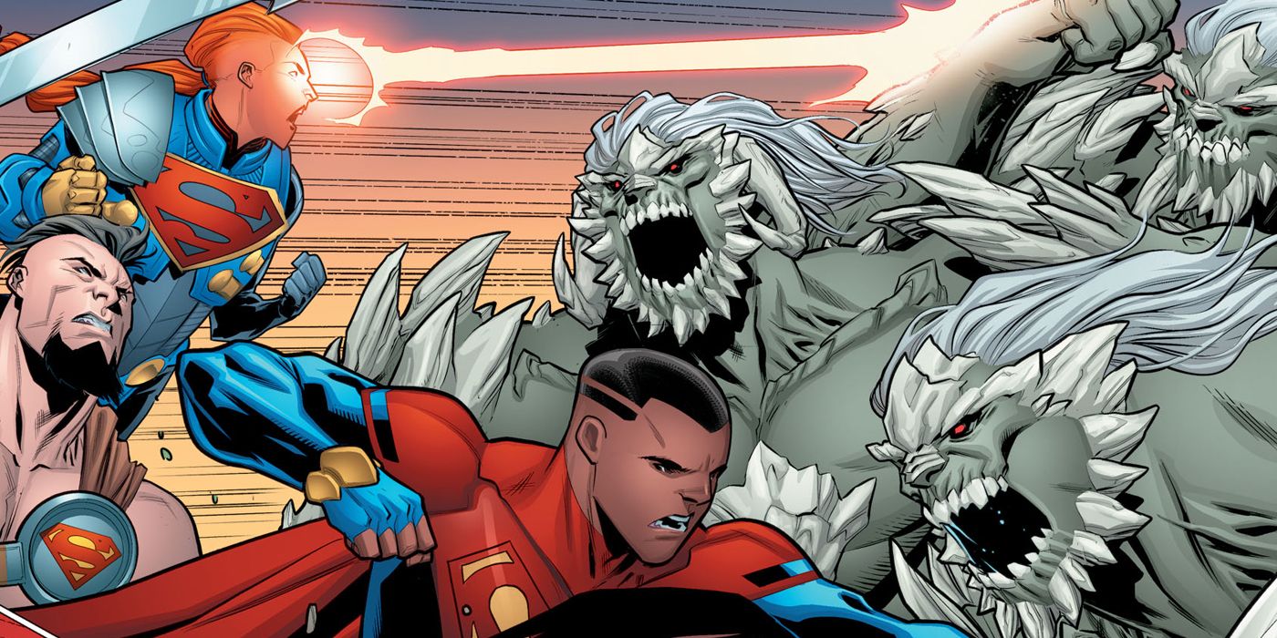 Doomsday lutando contra os super-homens na DC Comics.