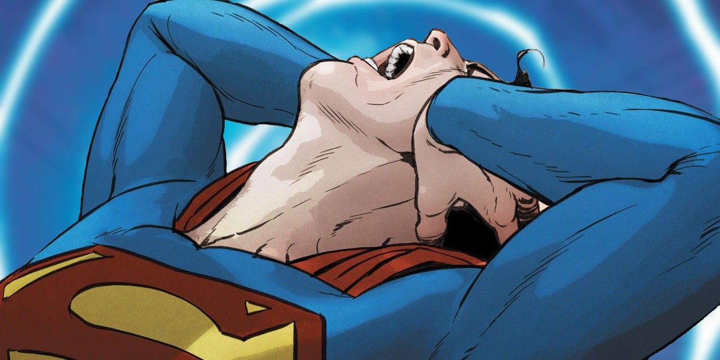 Close up of Superman clutching his head, as his super-hearing is overwhelmed