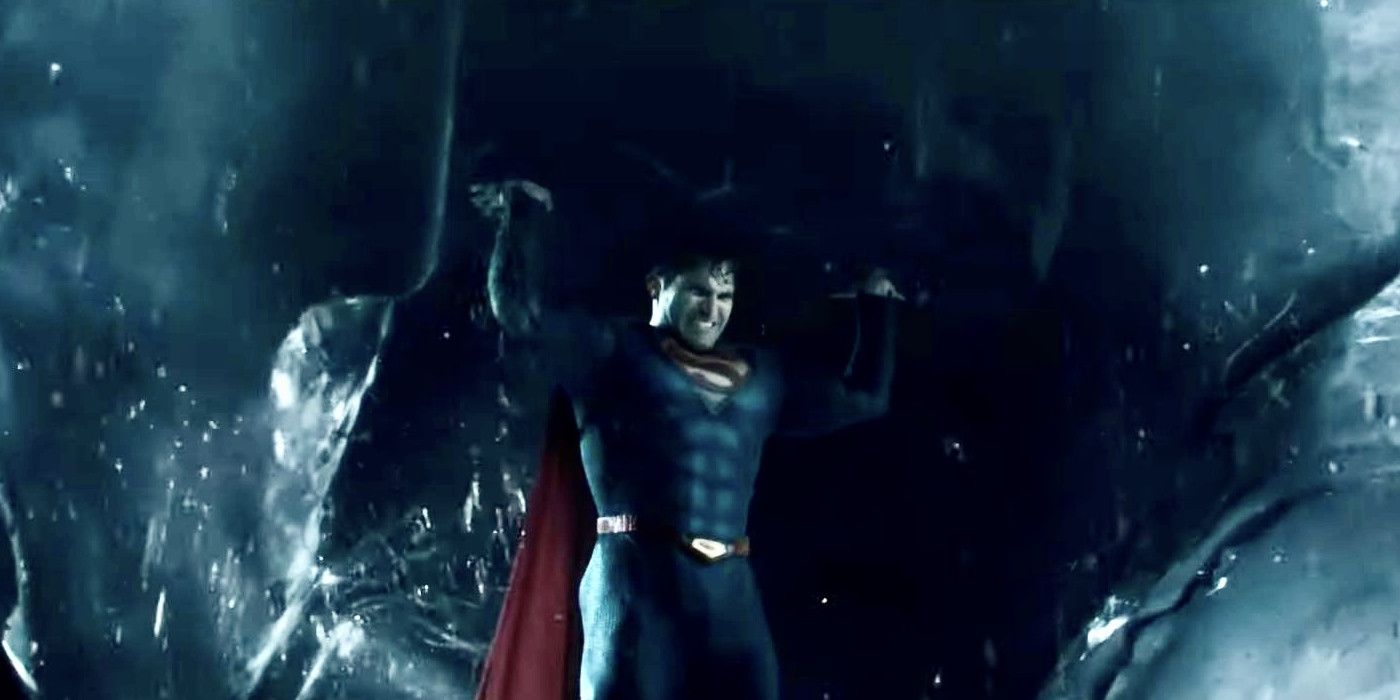 Superman strains as he lifts an iceberg in Superman and Lois 