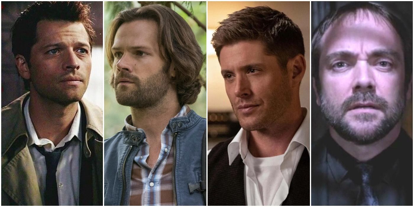 Split image of Supernatural characters, Castiel, Sam, Dean, and Crowley