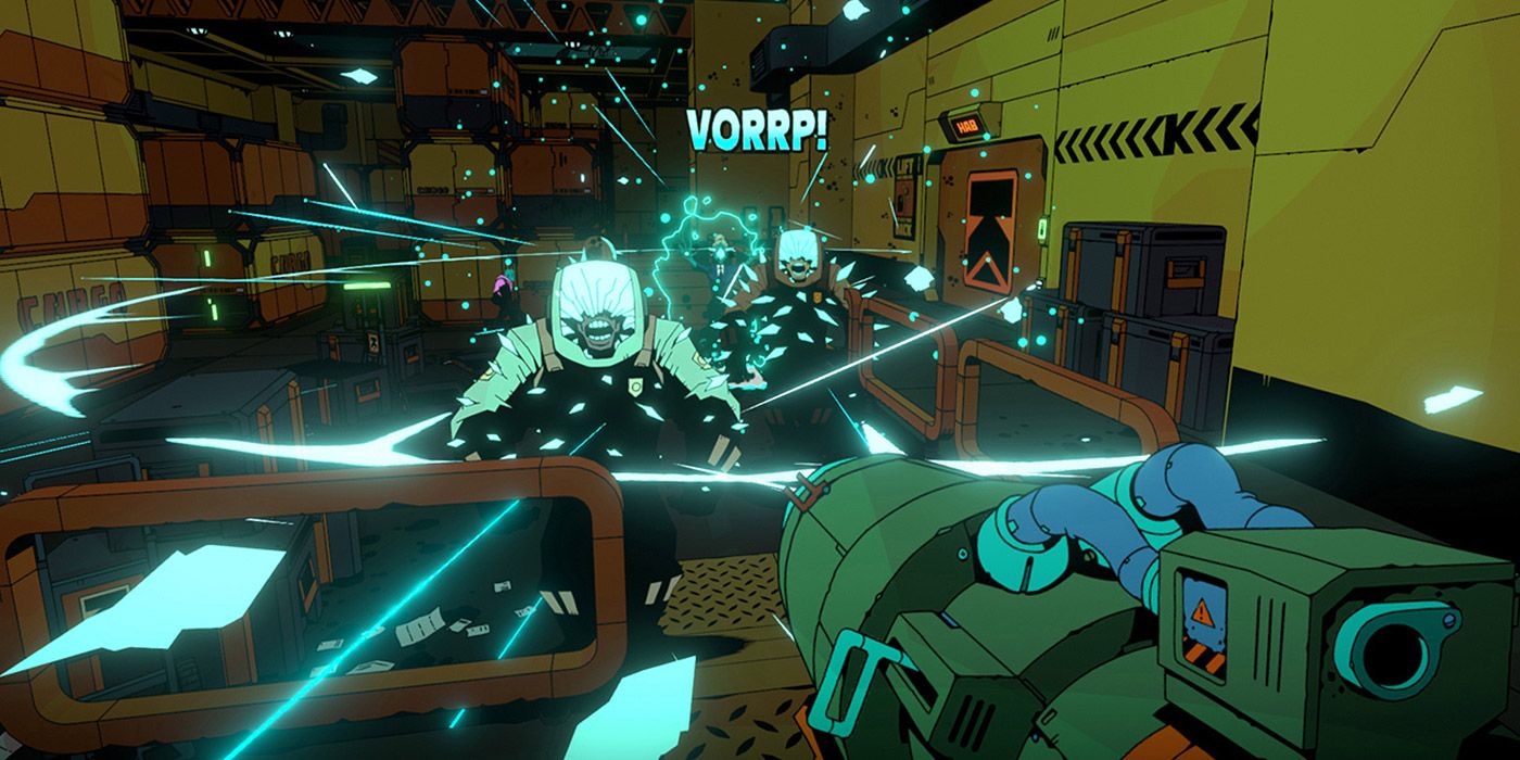 Um jogador atirando nos inimigos com uma arma que causa um efeito sonoro de quadrinhos em Void Bastards